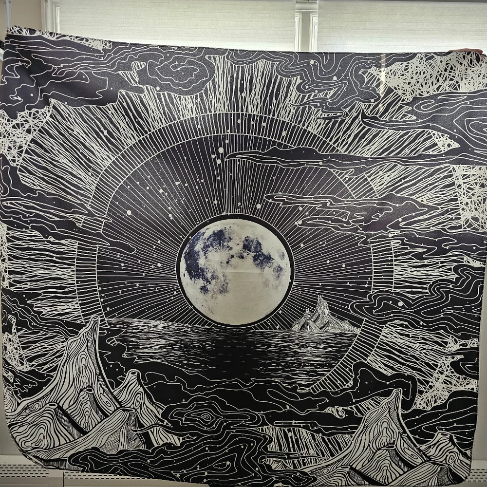Moon Mountians Tapestry Black and White Wall Hanging Art 51x60 Inches